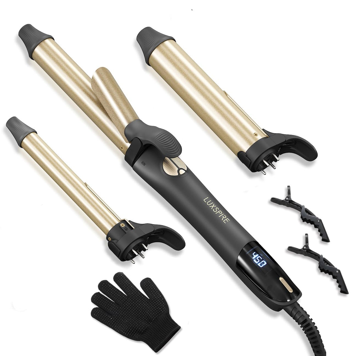 Luxspire rotating curler wand close-up showing even heat for smooth curls.