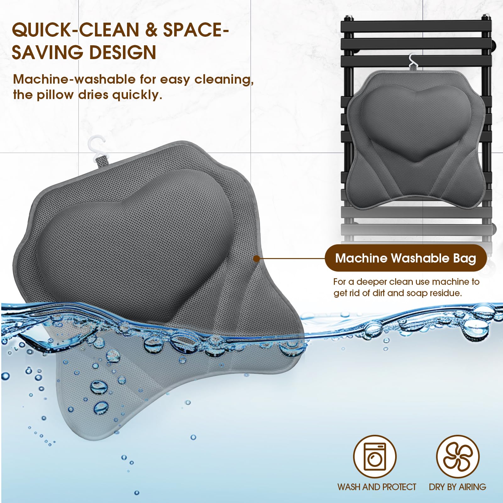 LuxStep bath pillow includes a hanging hook for neat, space-saving storage.