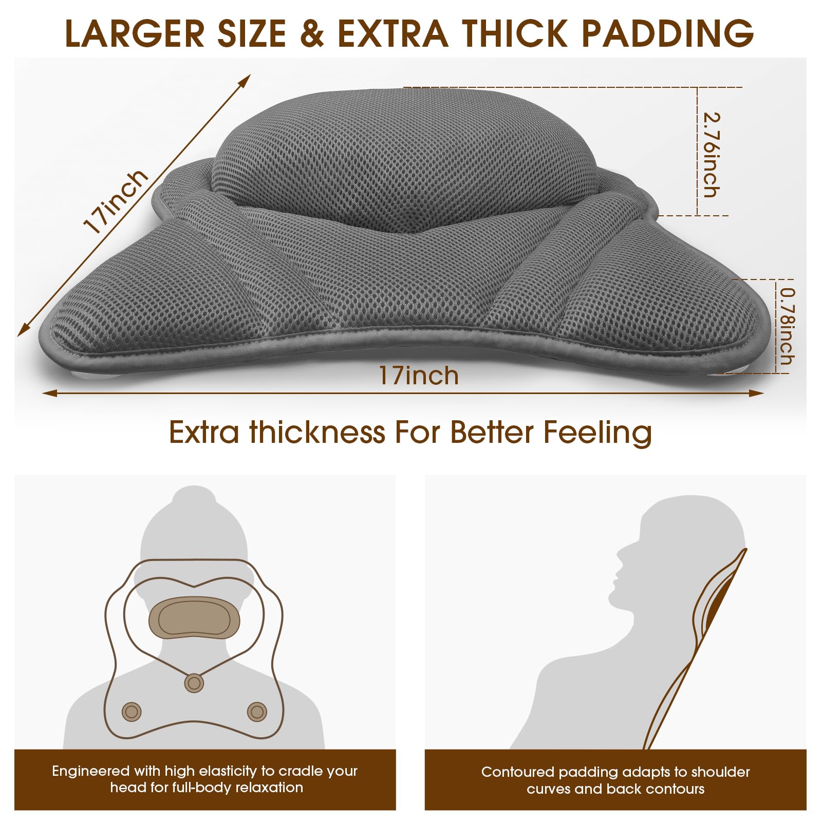 LuxStep bath pillow's head-neck support helps comfortable neck alignment during soaks.