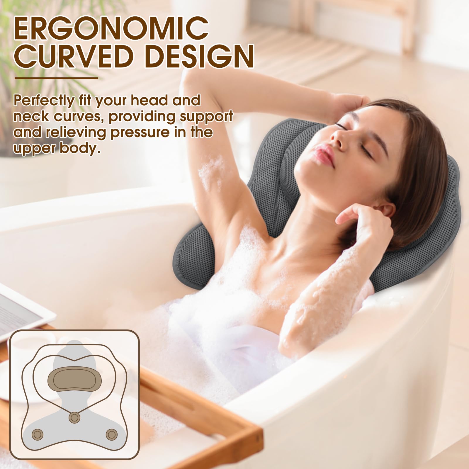 LuxStep bath pillow with suction cups securely attaches to tub surfaces.