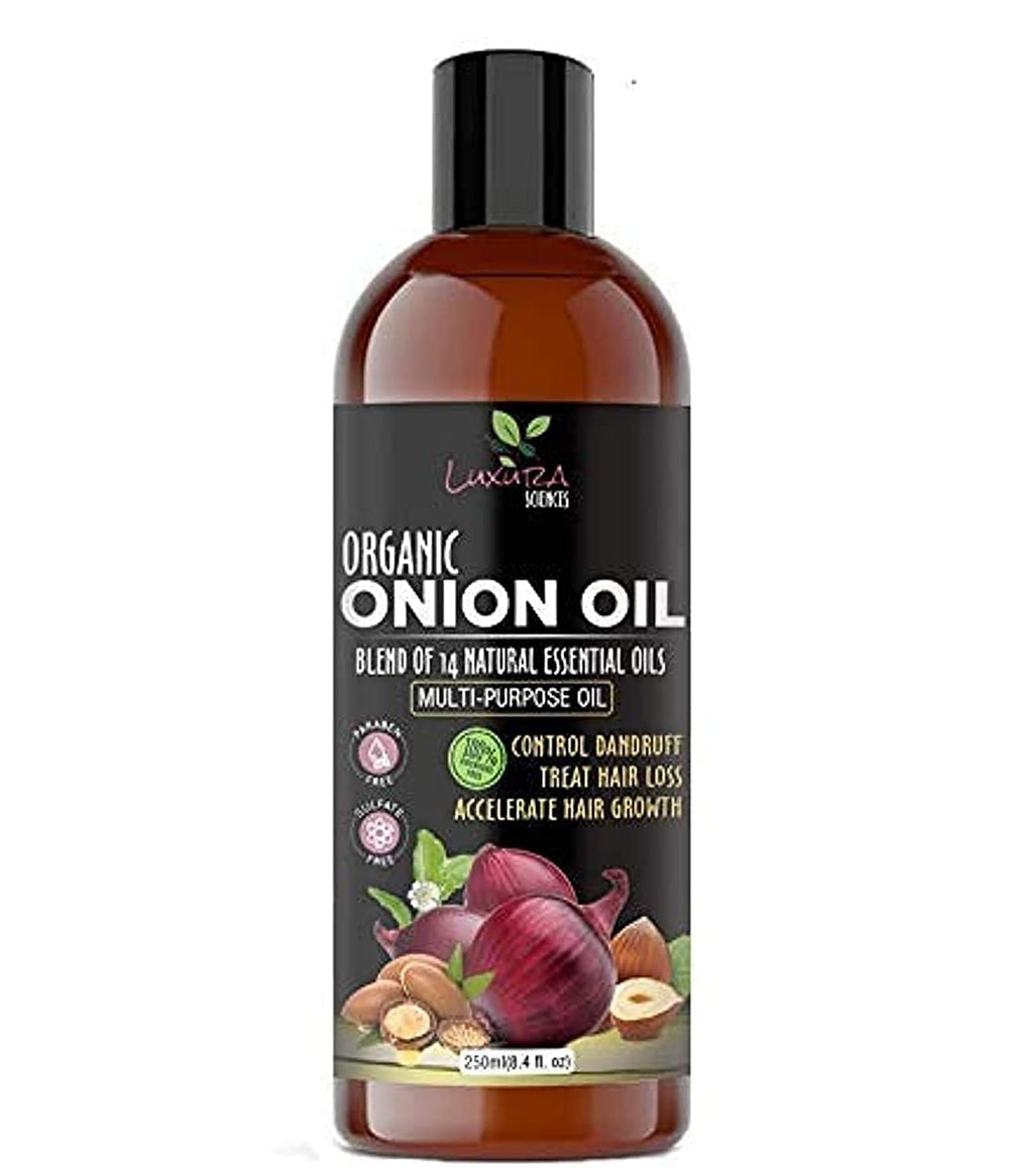 Luxura Sciences Organic Onion Oil bottle ready for scalp nourishment and shine