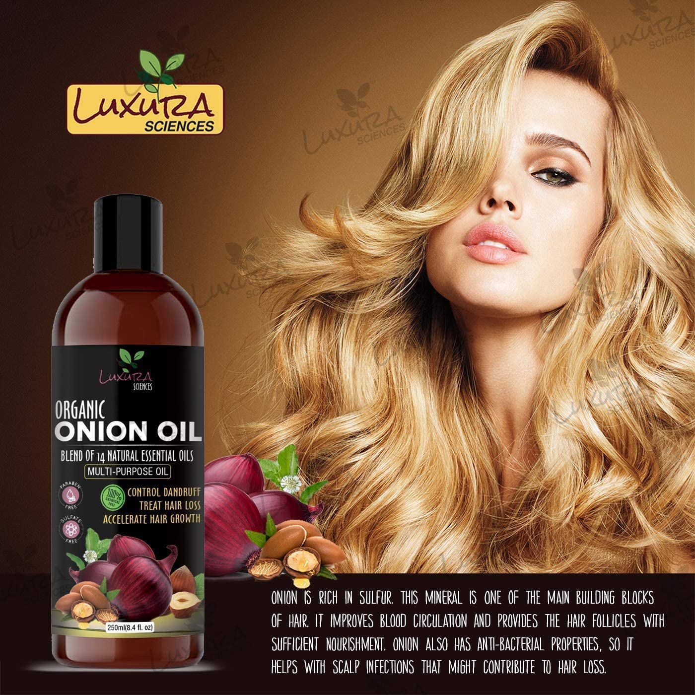 Luxura Sciences Onion Oil frizz-control bottle demonstrating smoothing action