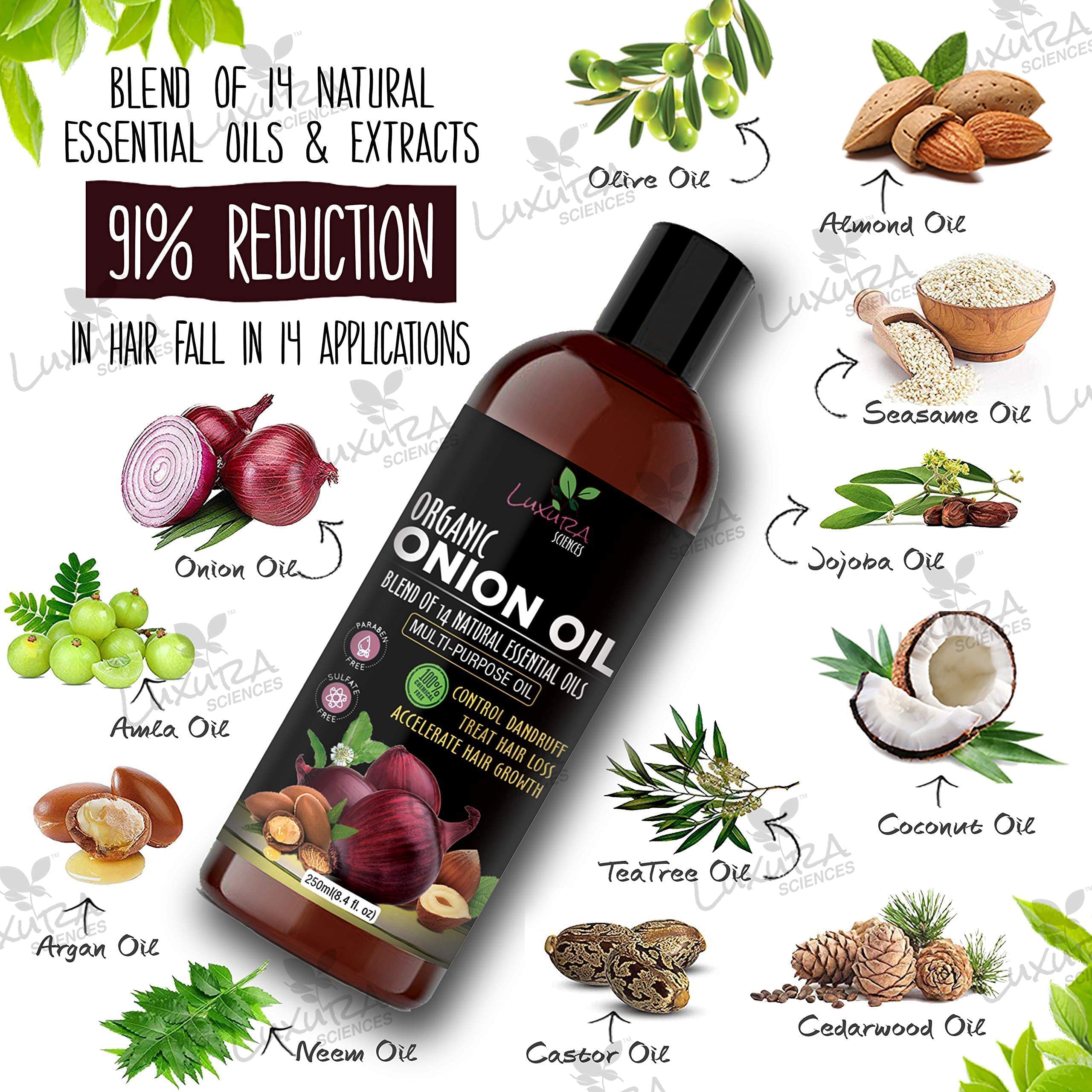 Luxura Sciences Organic Onion Oil ingredients like argan and hibiscus for nourishment