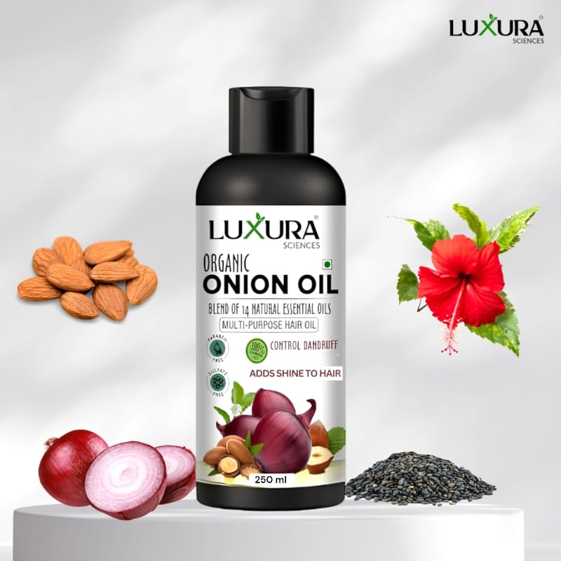 Luxura Sciences Organic Onion Oil bottle close-up for scalp massage