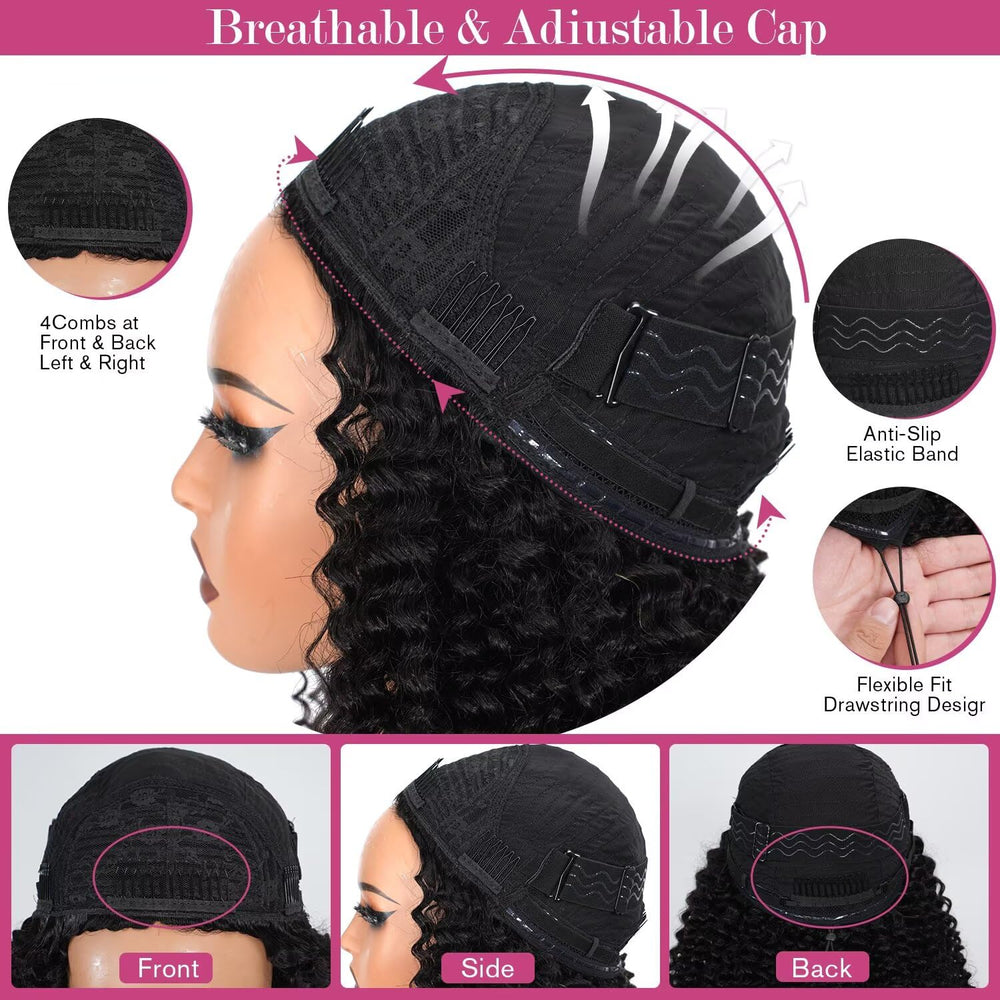 LUXYROSE kinky curly half wig includes a drawstring around cap for adjustable fit.