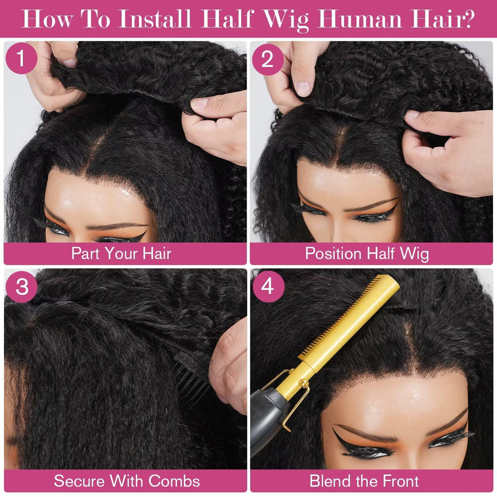 LUXYROSE kinky curly half wig uses a glueless cap construction for quick, glue-free fitting.