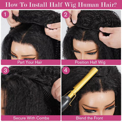 LUXYROSE kinky curly half wig uses a glueless cap construction for quick, glue-free fitting.
