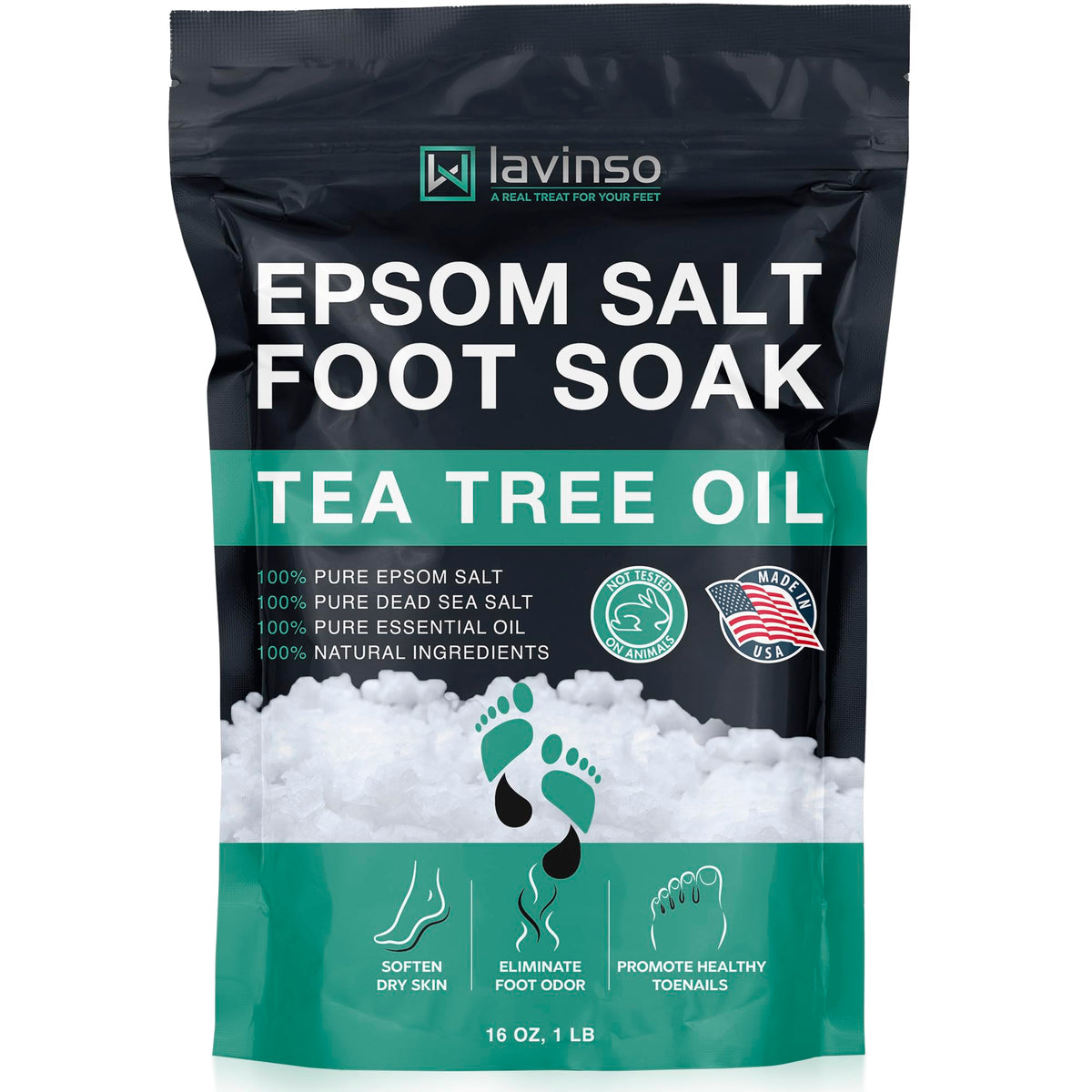LV LAVINSO Tea Tree Foot Soak bottle pours for post-workout foot refresh