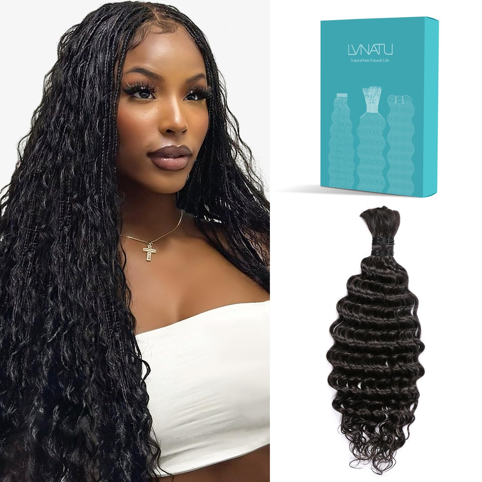 Lvnatu bulk braiding hair in deep-wave 22-inch jet black for natural-looking braids