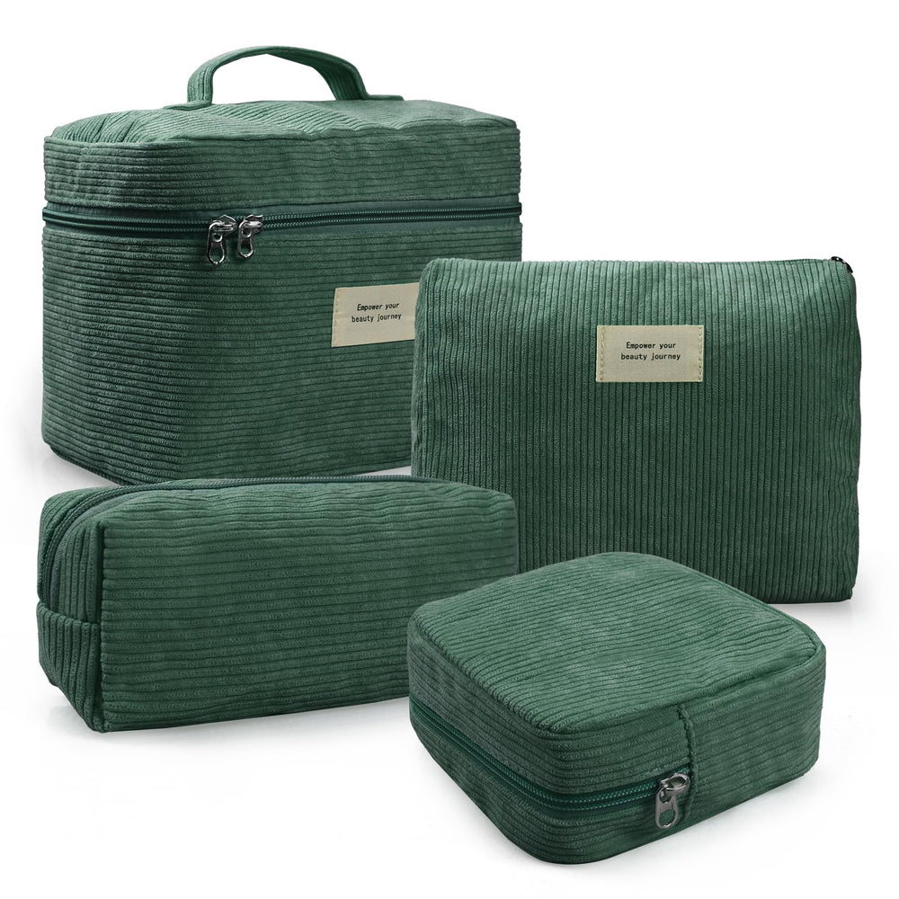 LVWNM corduroy makeup bag set in green with zipper for travel organization.