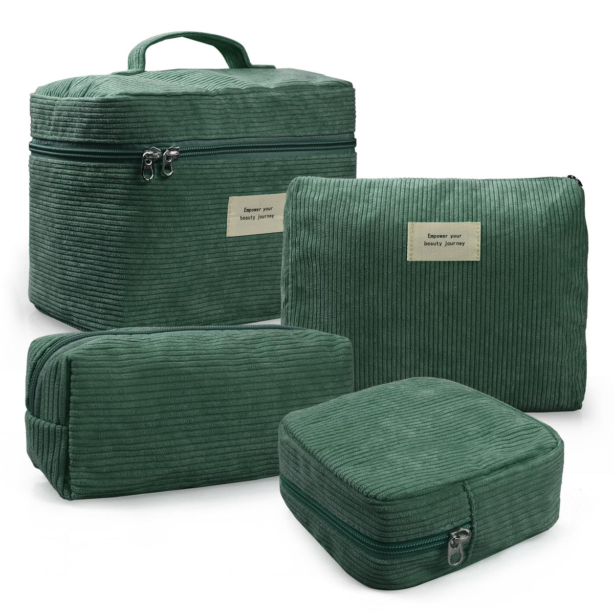 LVWNM corduroy makeup bag set in green with zipper for travel organization.