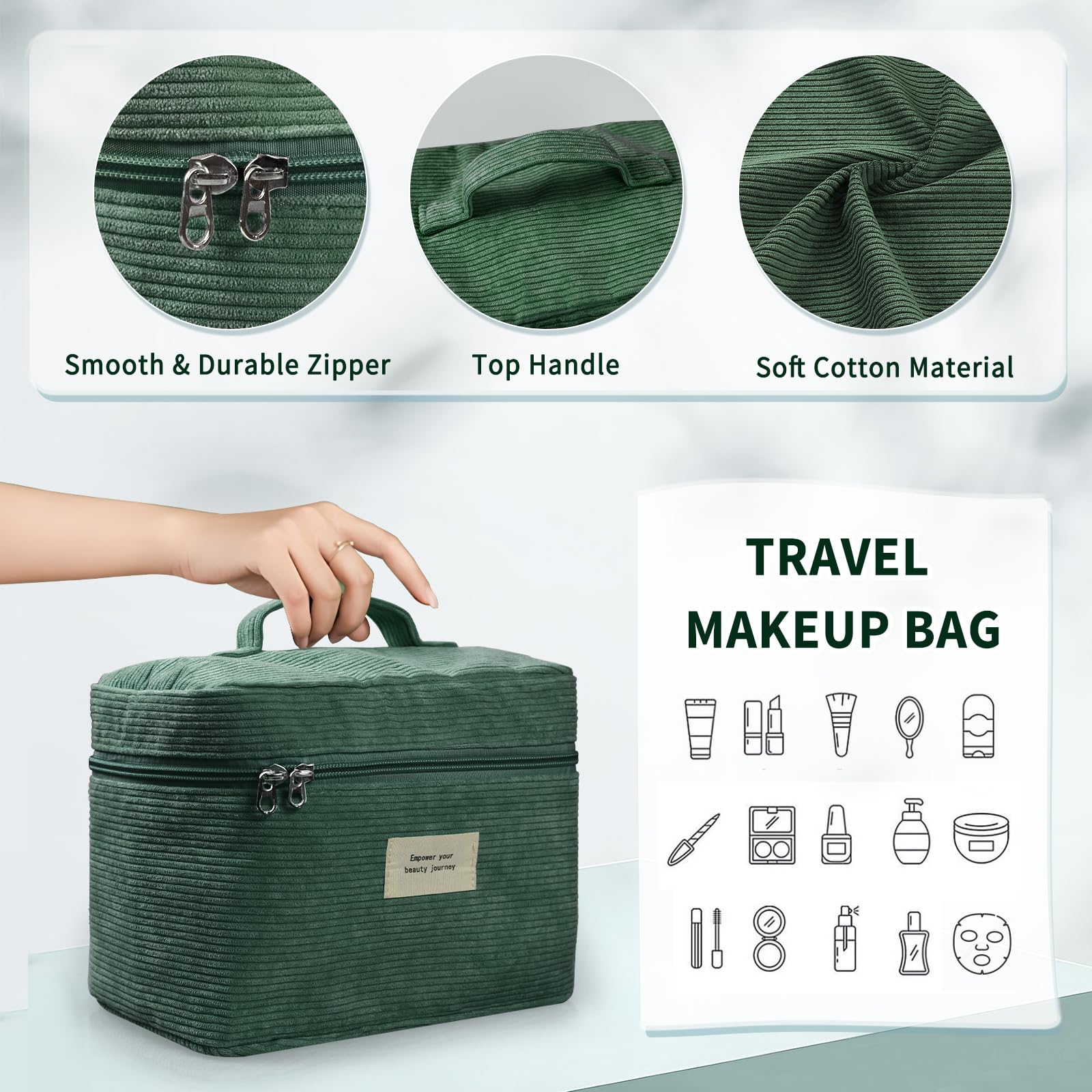 LVWNM large corduroy bag green for skincare samples and travel items.
