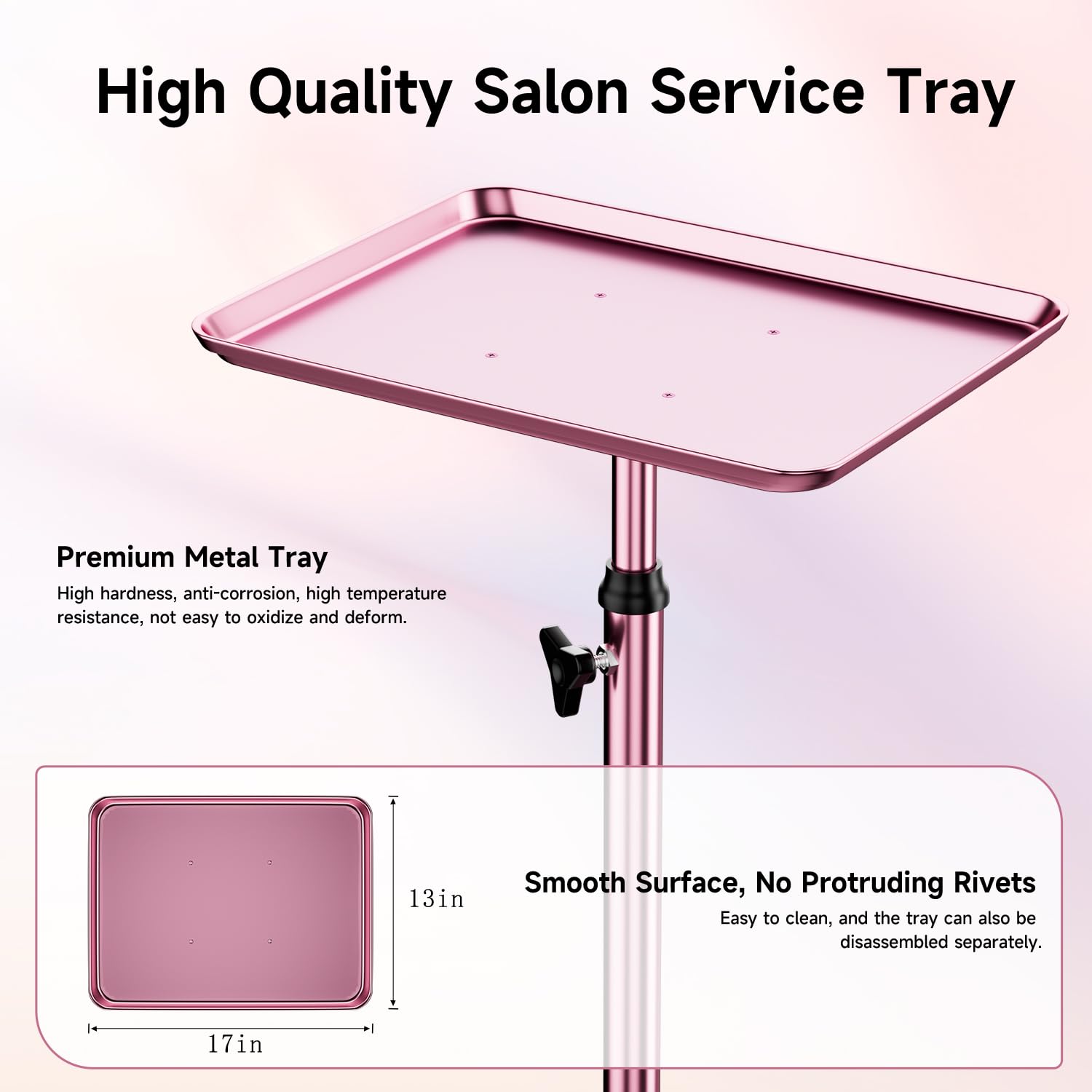 LWADALN salon tray cart pink side view showcases smooth wheels for effortless mobile service.
