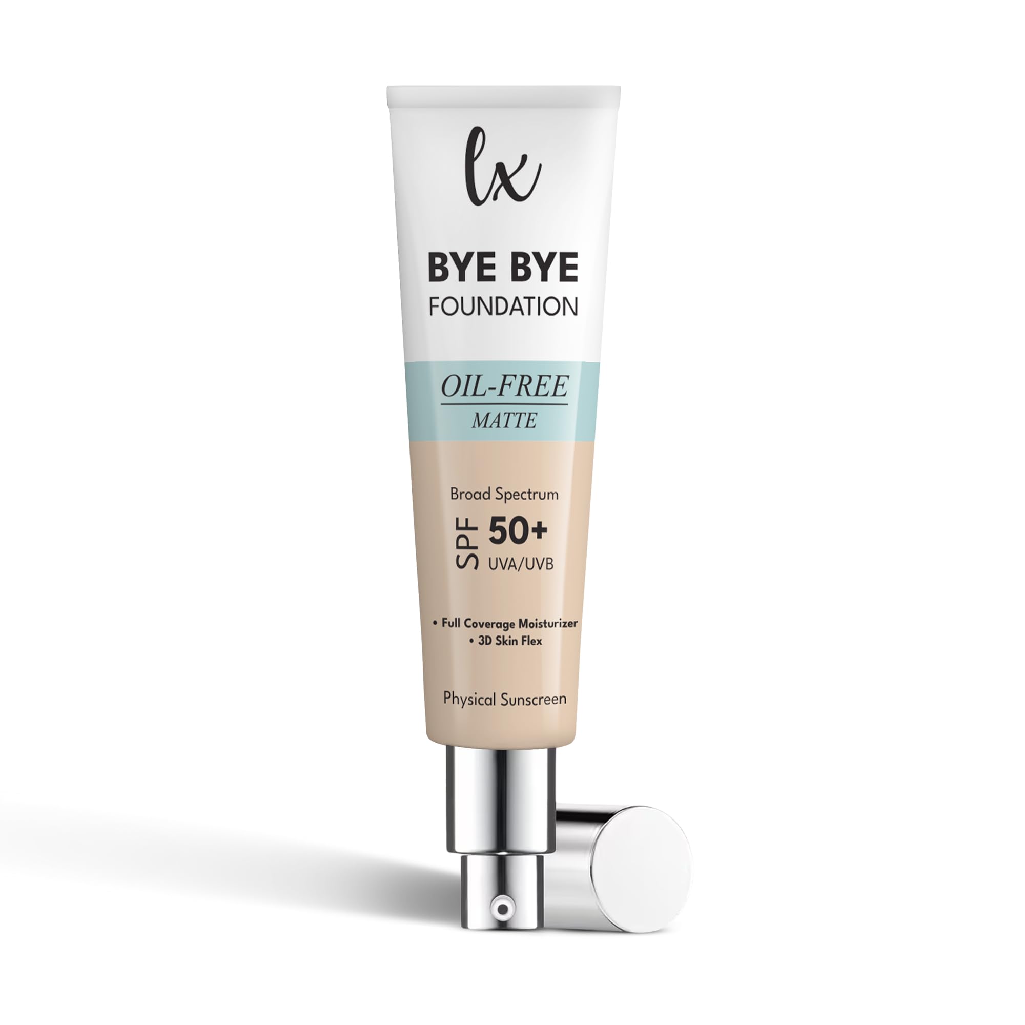 Flawless Radiance By Luxe Blend bottle shows oil-free matte foundation with SPF 50 protection.