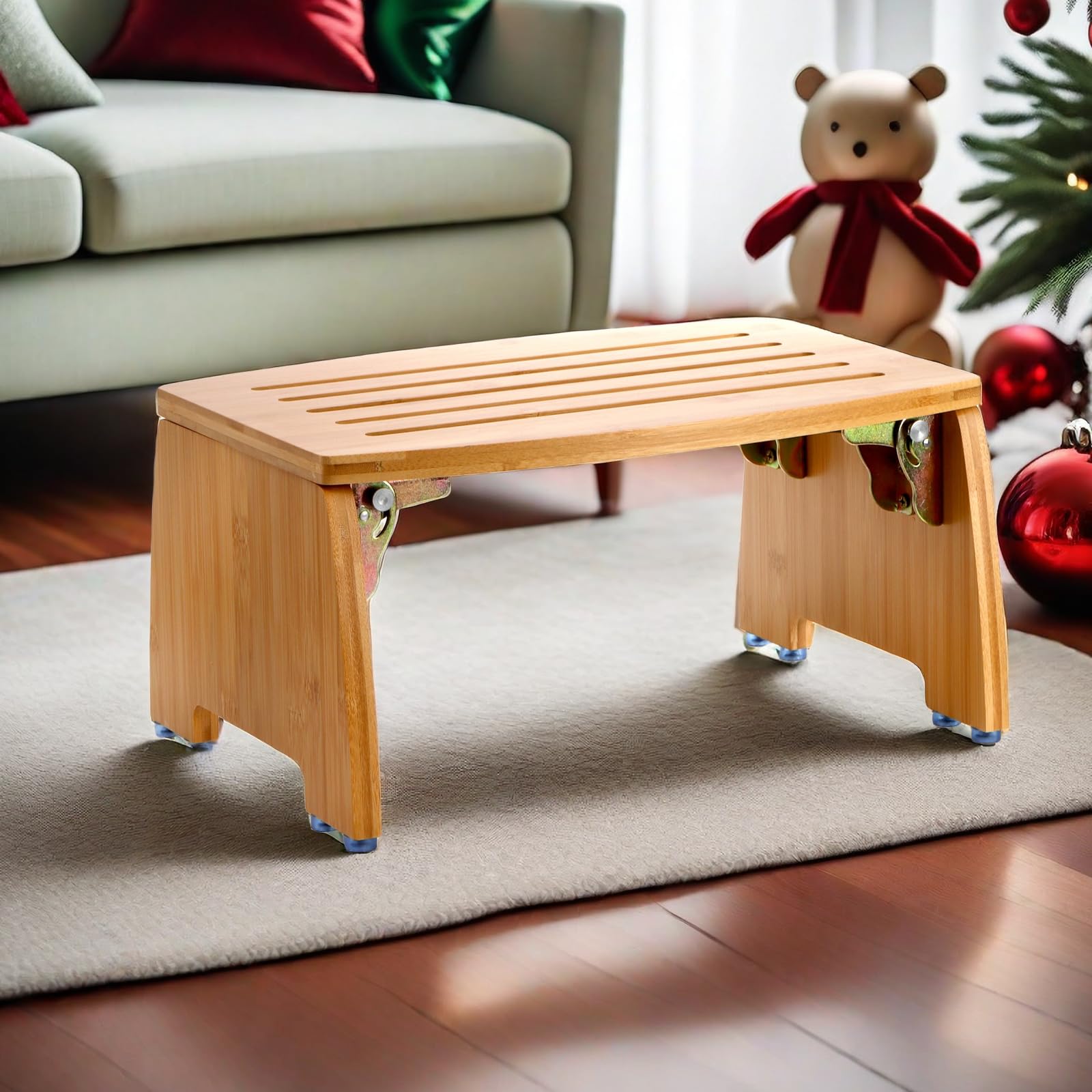 Lyellfe bamboo folding step stool folded for compact storage.