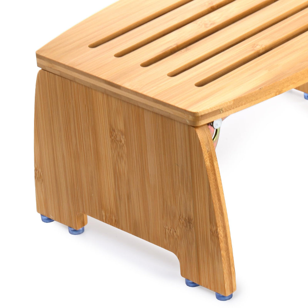Lyellfe bamboo folding step stool travel-camping ready for portable use.