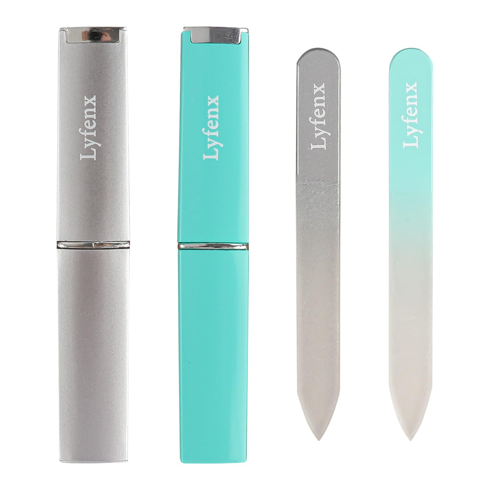 Lyfenx mini glass nail file front view in silver-green, highlighting portable grooming on the go.
