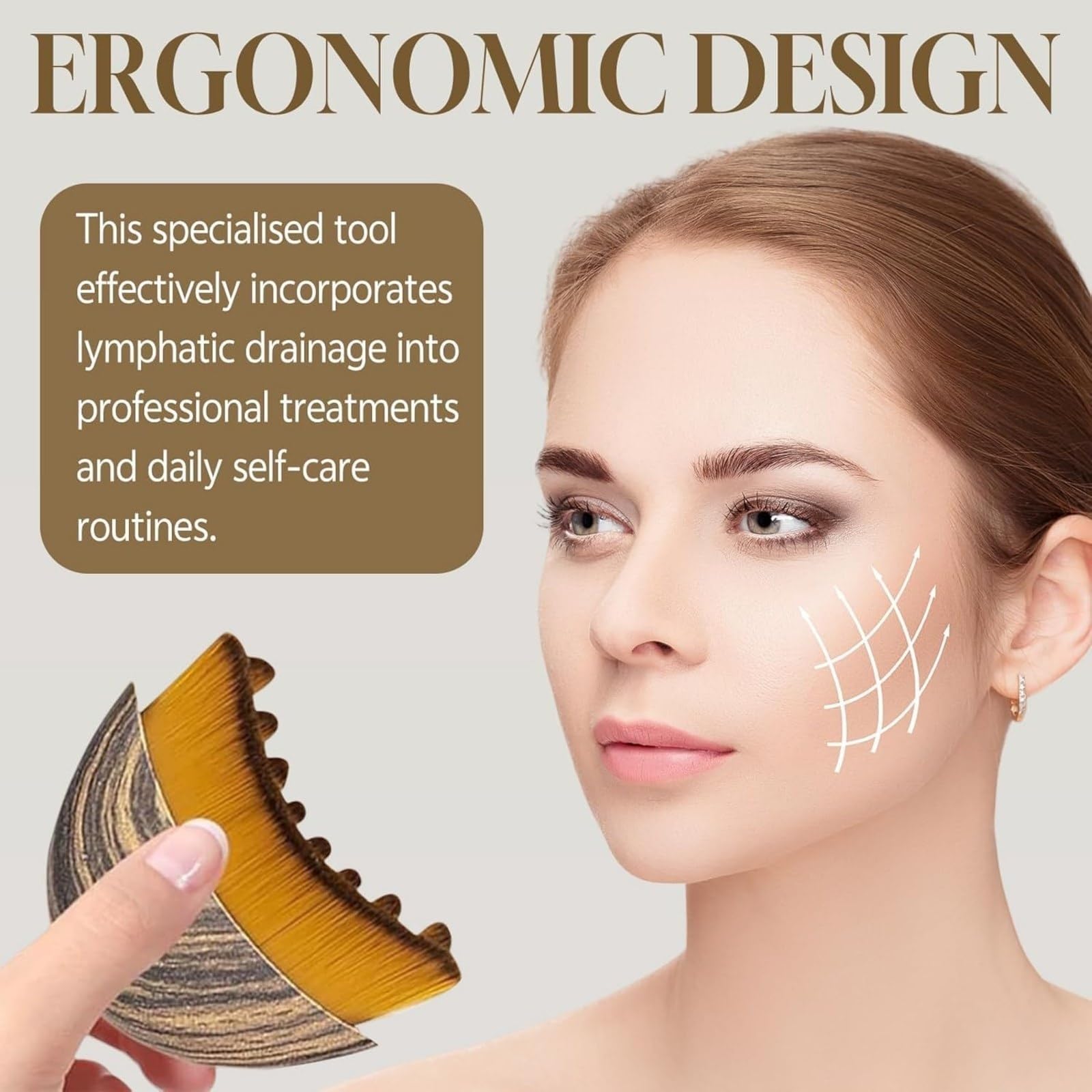 Lymphatic contour face brush used with serums enhances absorption and spread.