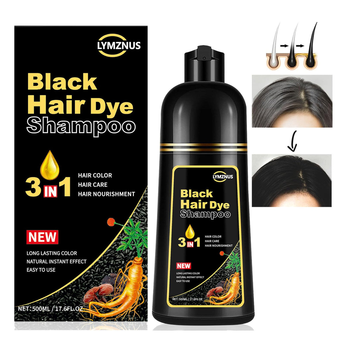 Lymznus Herbal Black Hair Dye Shampoo bottle for at home gray coverage