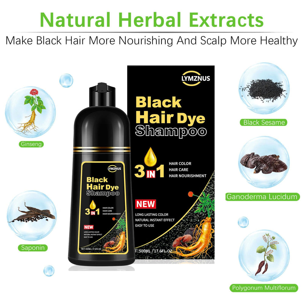 Lymznus Herbal Black Hair Dye Shampoo packaging highlights 500ml bottle