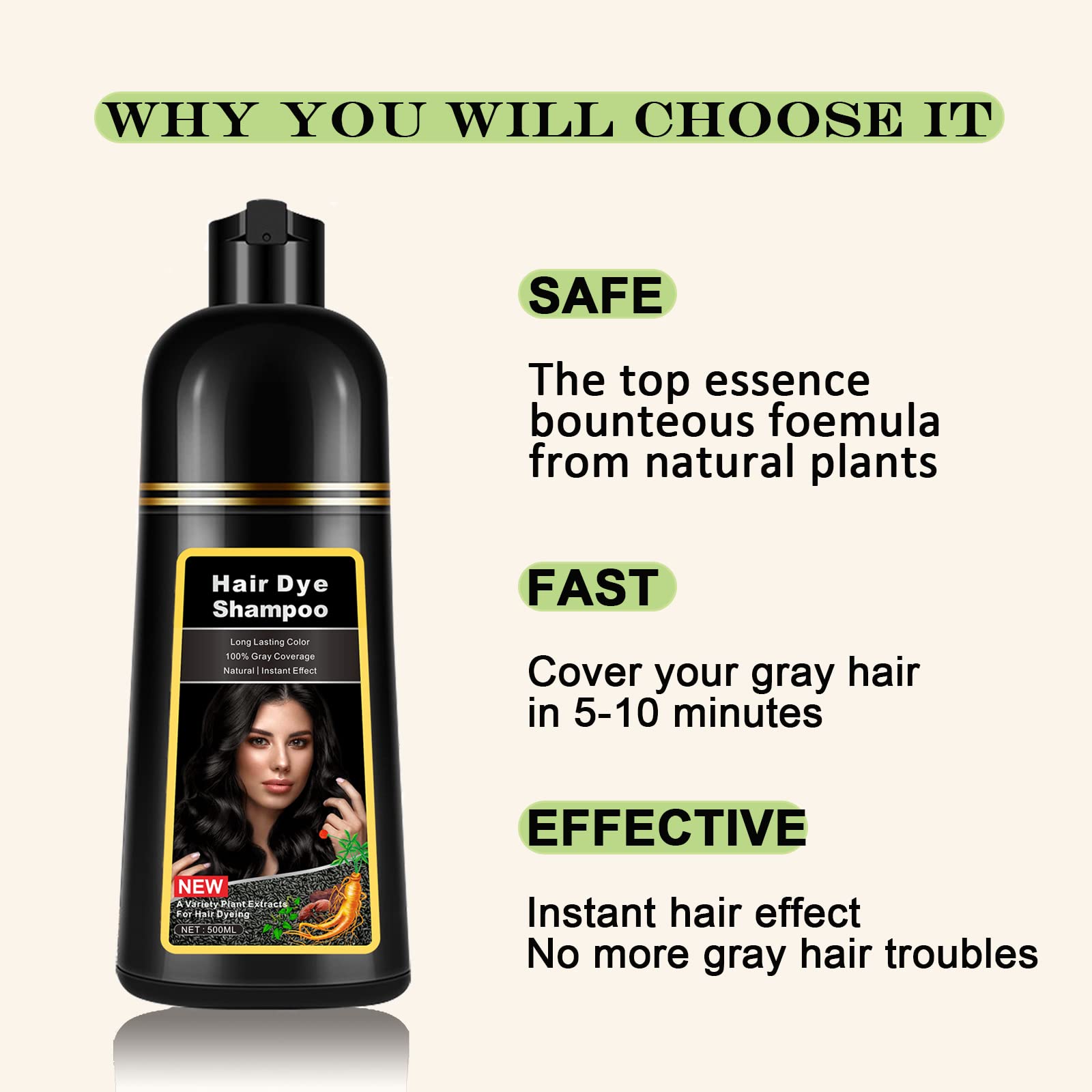 Lymznus Instant Black Hair Dye Shampoo application in hands demonstrates quick gray coverage.
