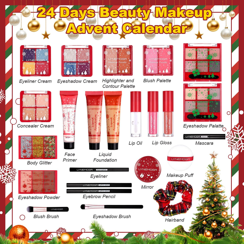 LYNEMOGA Makeup Advent Calendar 2025 daily hole opening reveals surprise beauty items.