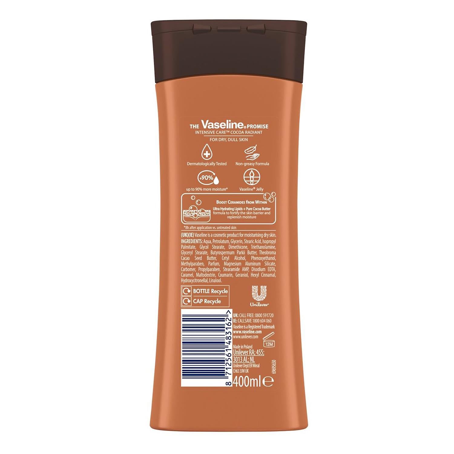 Lynx Vaseline Cocoa Radiant texture close-up shows creamy, fast-absorbing lotion