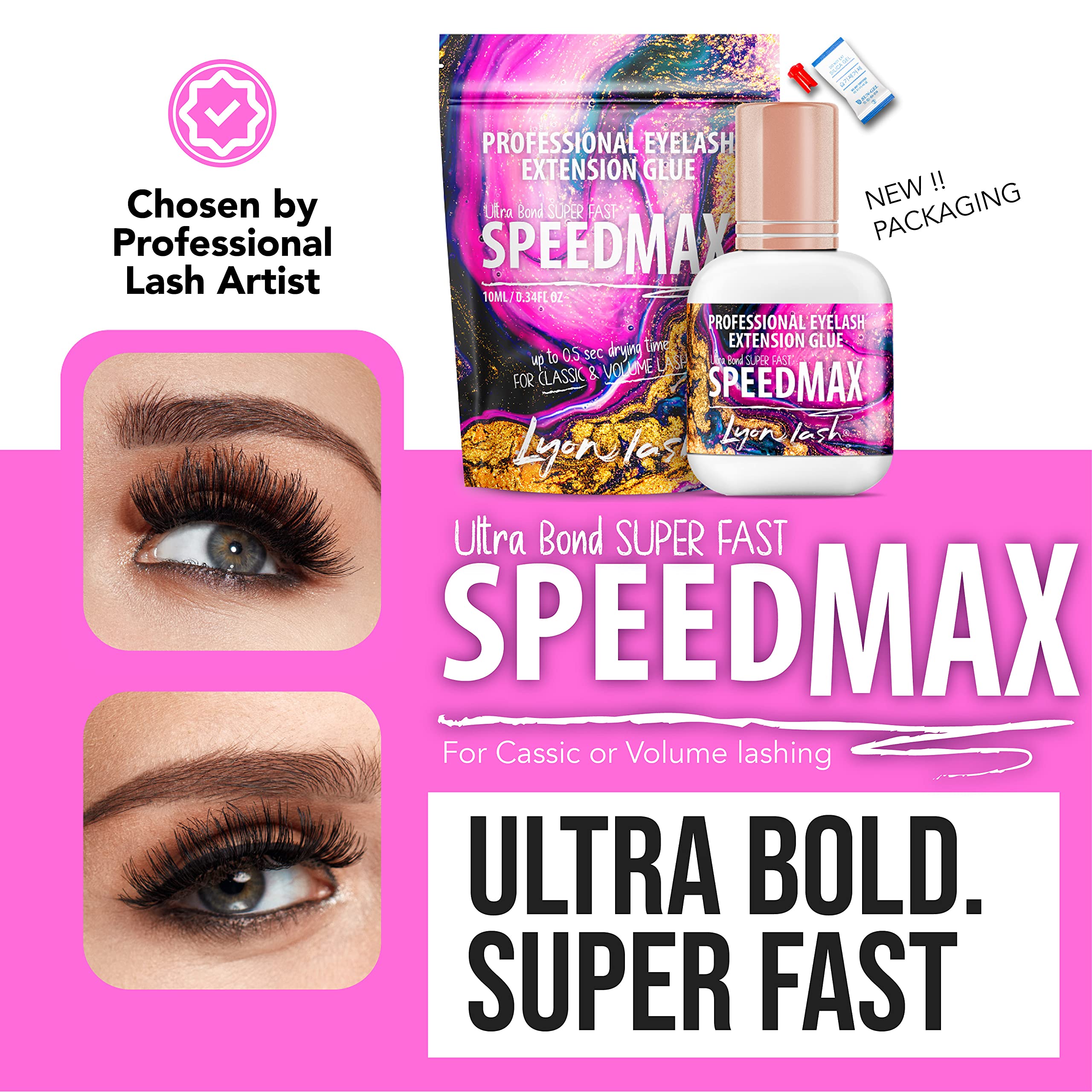 Lyon Lash SPEEDMAX glue close-up shows fast-drying time and film clarity.