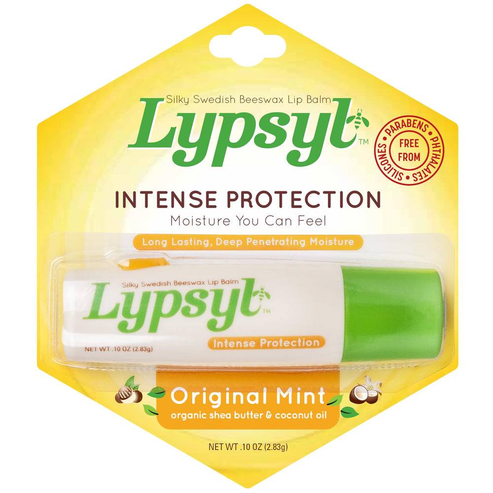 Lypsyl Intense Protection Original Mint lip balm tube close-up with moisture and protection.