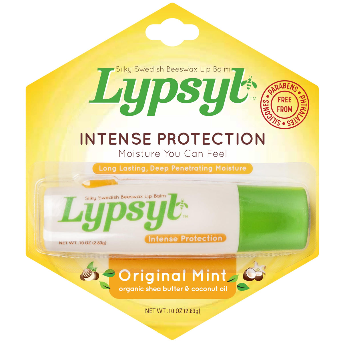 Lypsyl Intense Protection Original Mint lip balm tube close-up with moisture and protection.