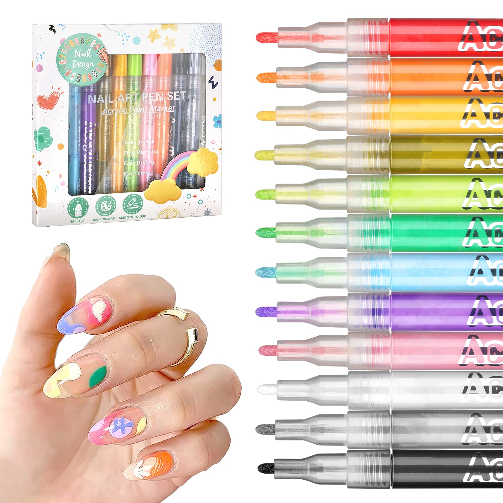LZXLUKGIR Nail Art Pens 12-color set displays vibrant pigments for DIY manicures.