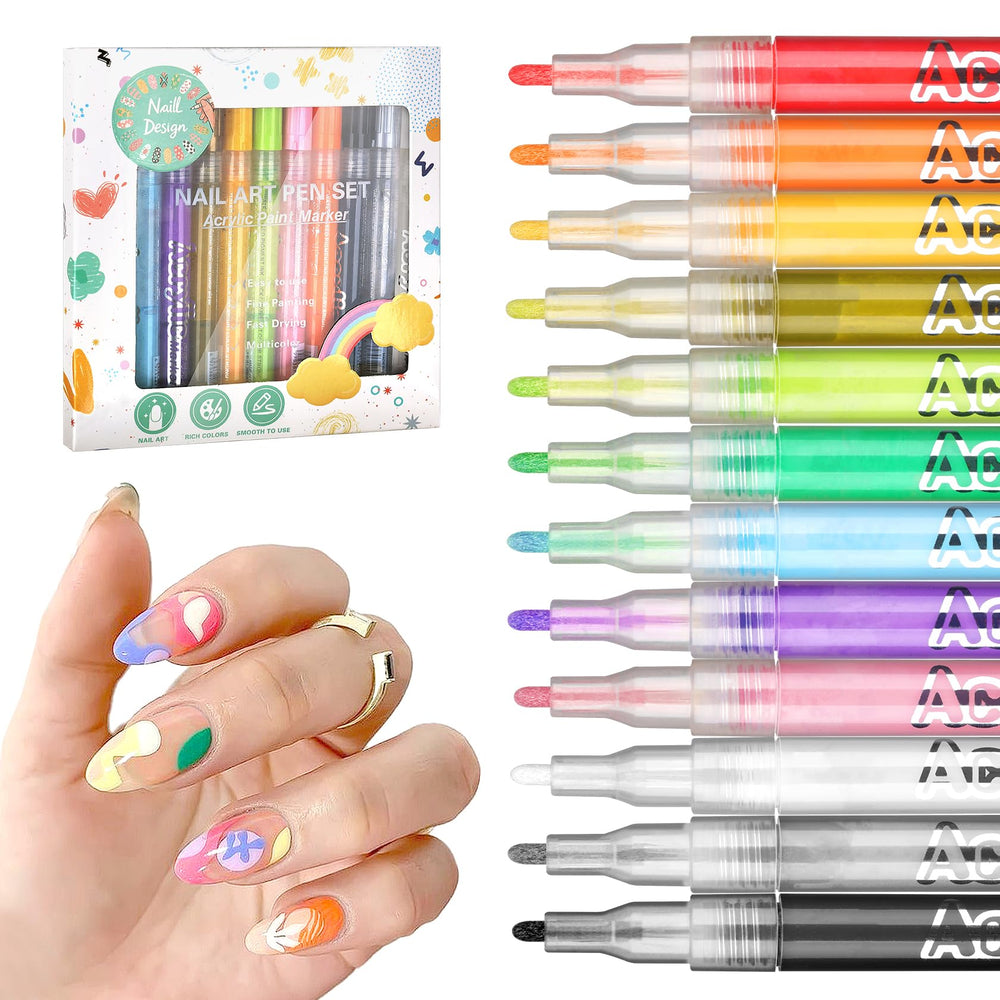 LZXLUKGIR Nail Art Pens 12-color set displays vibrant pigments for DIY manicures.
