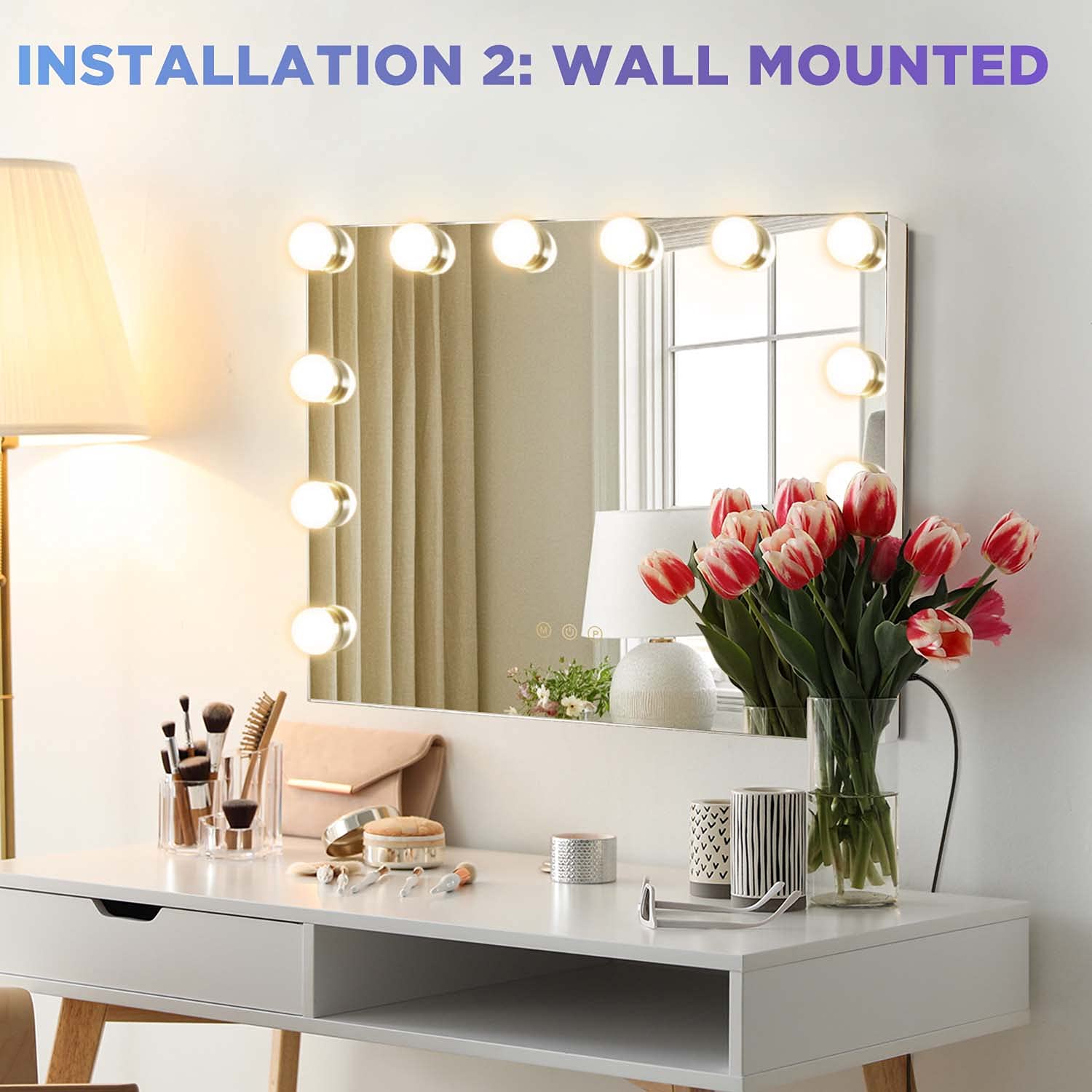 M MIVONDA vanity mirror USB charging port powers devices during routines.