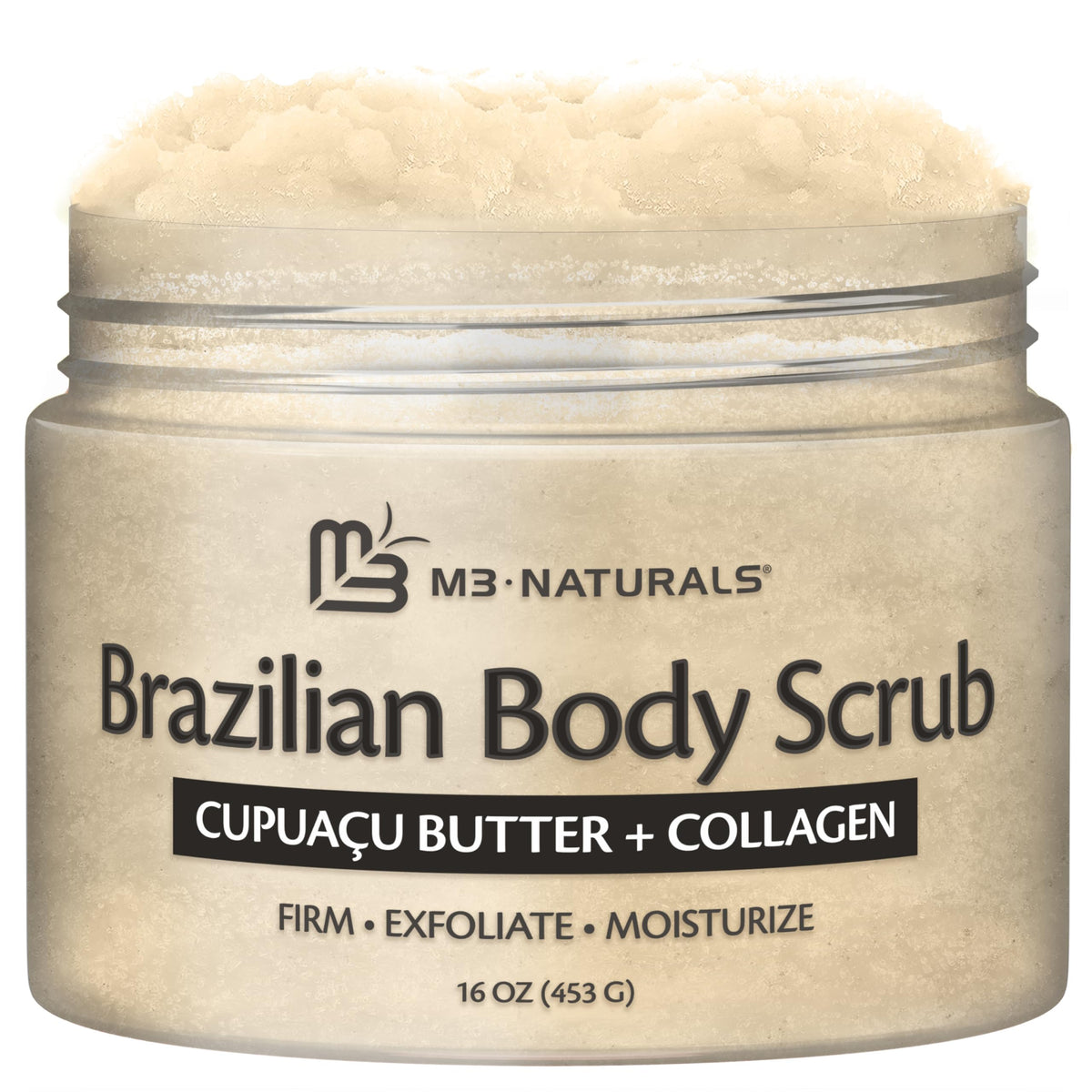 M3 Naturals Brazilian Body Scrub packaging highlights premium vegan formula and indulgent exfoliation.