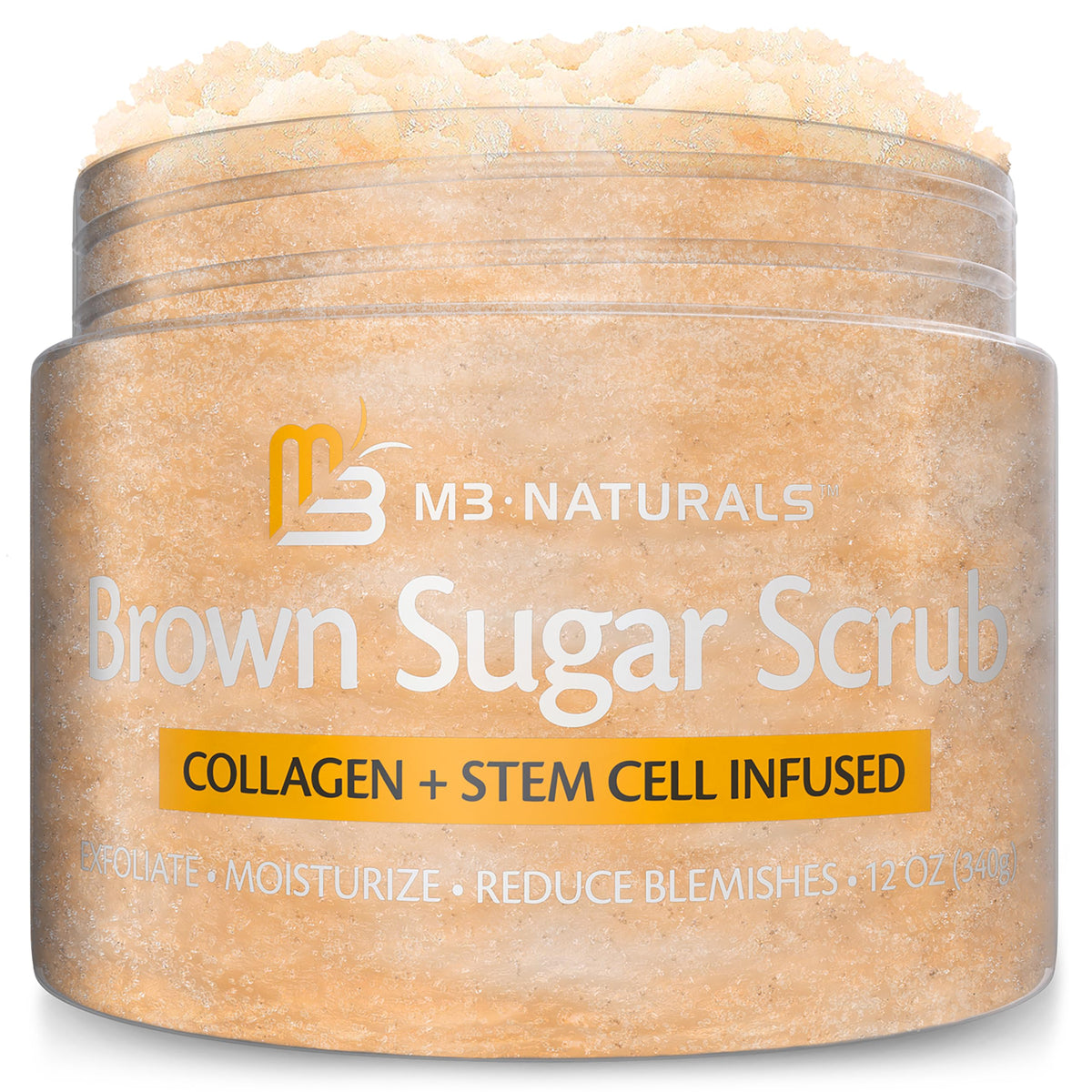 M3 Naturals packaging highlights premium brown sugar scrub for spa-like skin.