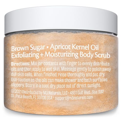 M3 Naturals brown sugar scrub texture close-up shows gentle exfoliation.