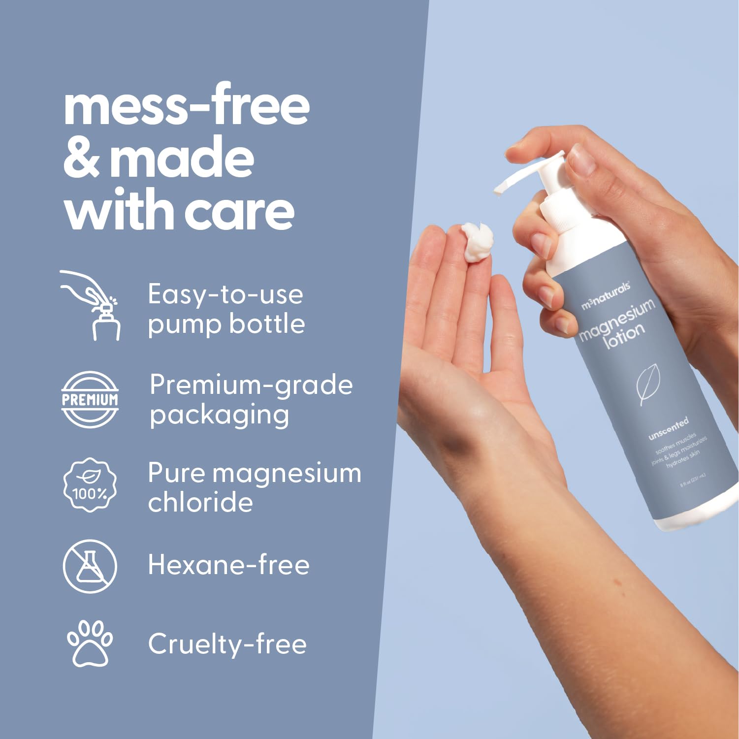 M3 Naturals lotion close-up, coconut oil and shea butter hydration