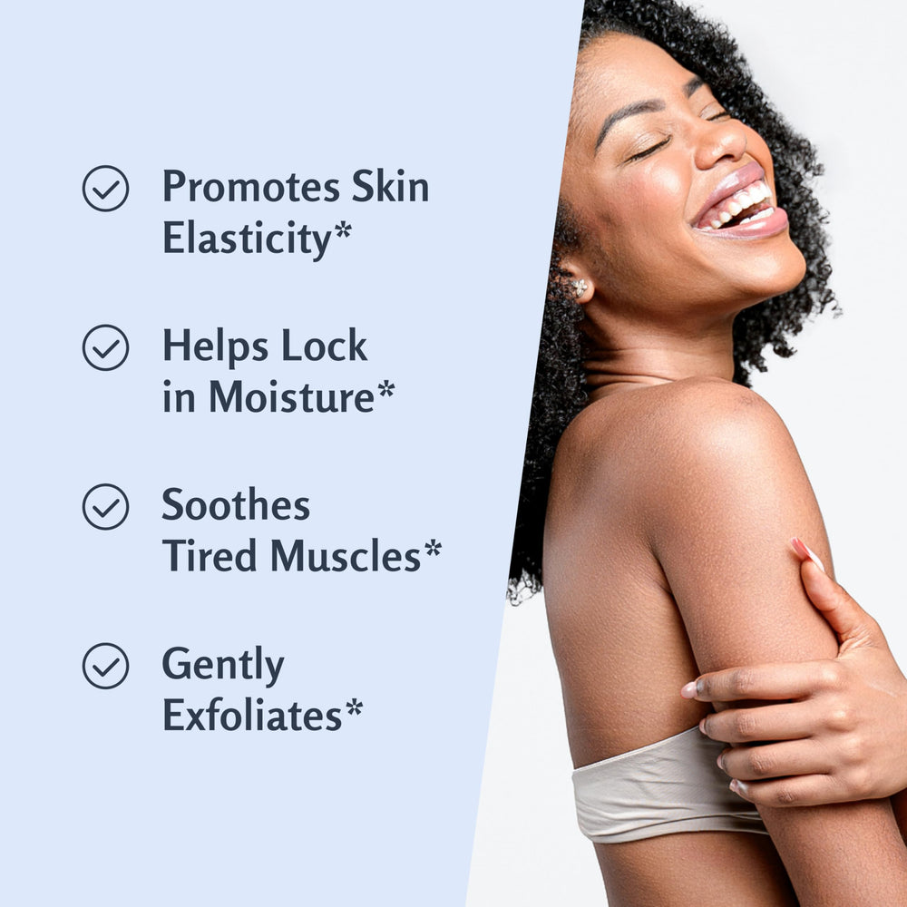 M3 Naturals scrub bottle highlights collagen and stem cell nourishment