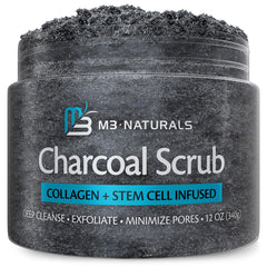 M3 Naturals exfoliating charcoal scrub bottle shows deep-cleanse for smoother skin
