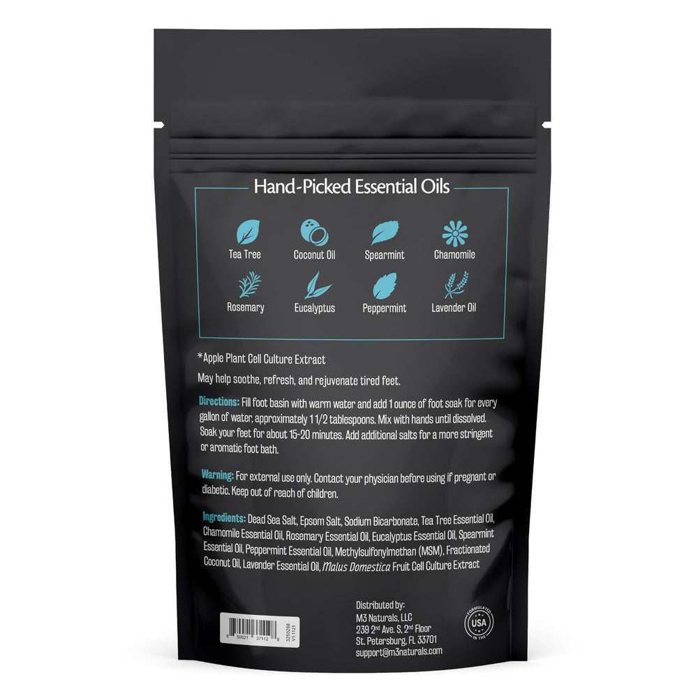 M3 Naturals foot soak with epsom salts in bath scene promotes relaxation