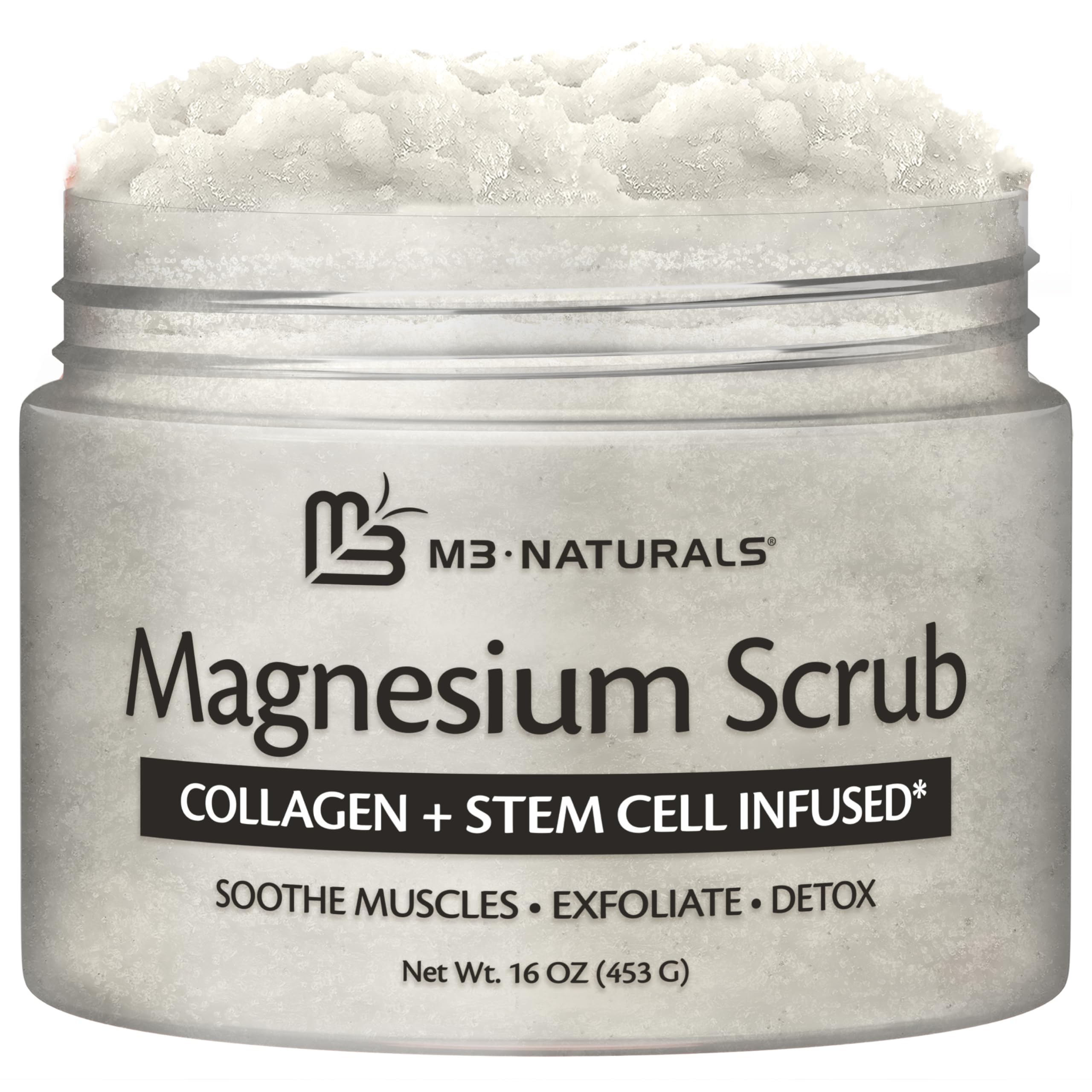 M3 Naturals magnesium body scrub jar shows exfoliating texture for smoother skin