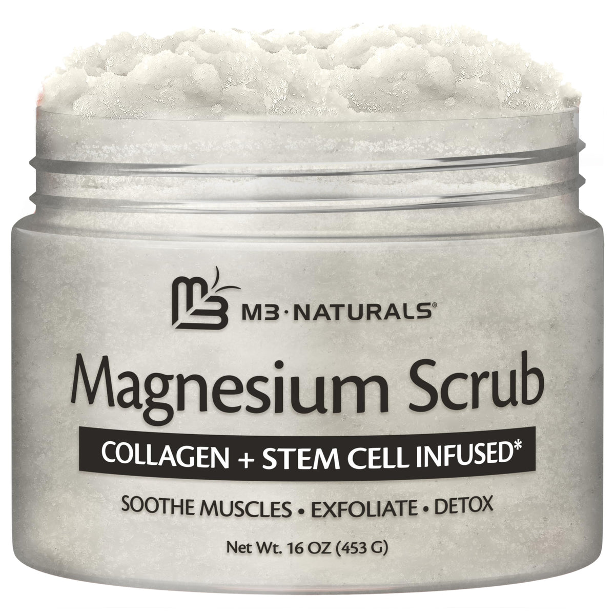 M3 Naturals magnesium body scrub jar shows exfoliating texture for smoother skin