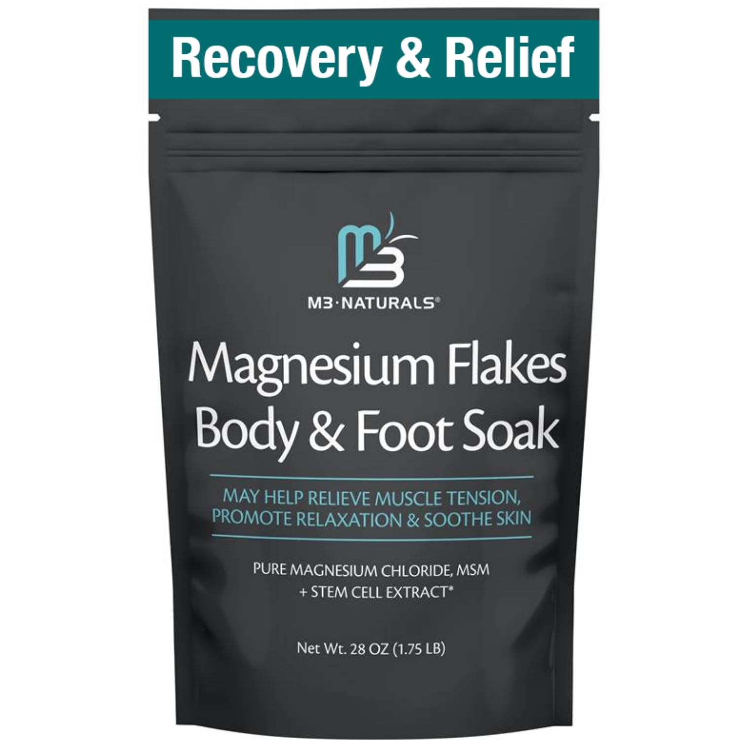 M3 Naturals Magnesium Soak bottle pour for post-workout muscle relief.