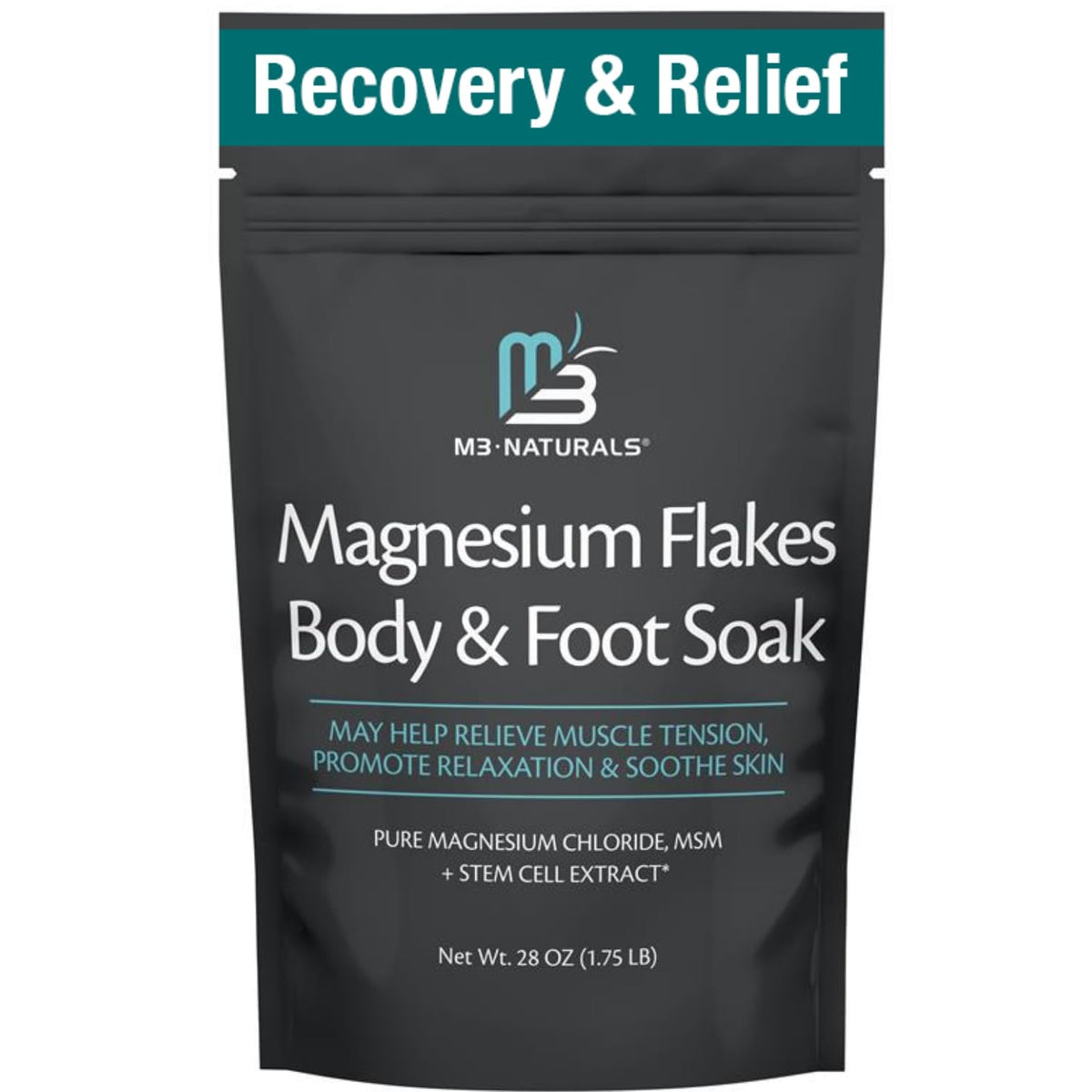 M3 Naturals Magnesium Soak bottle pour for post-workout muscle relief.