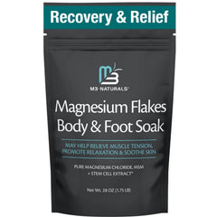 M3 Naturals Magnesium Soak bottle pour for post-workout muscle relief.