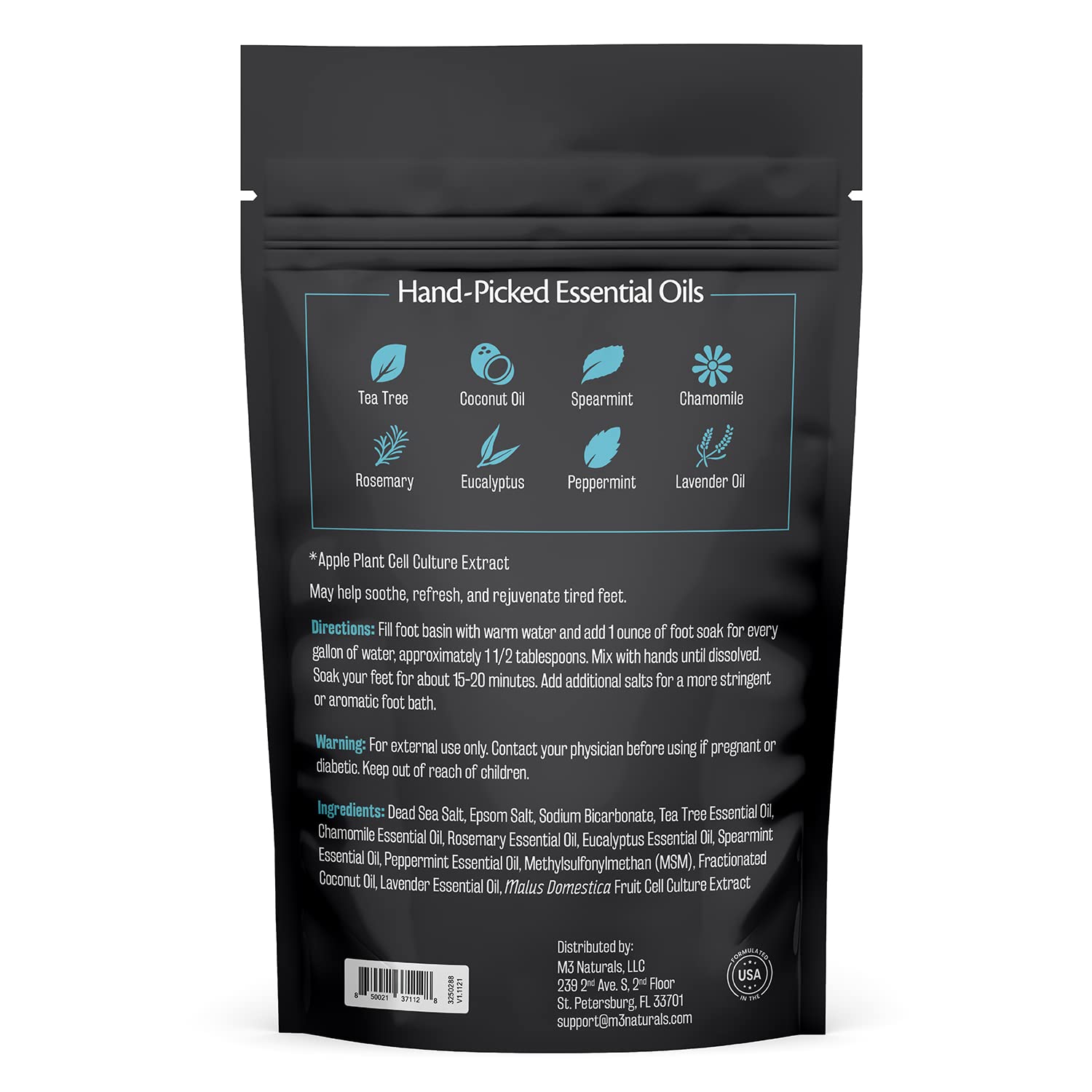 M3 Naturals foot soak jar closeup showing soothing, dry-skin relief