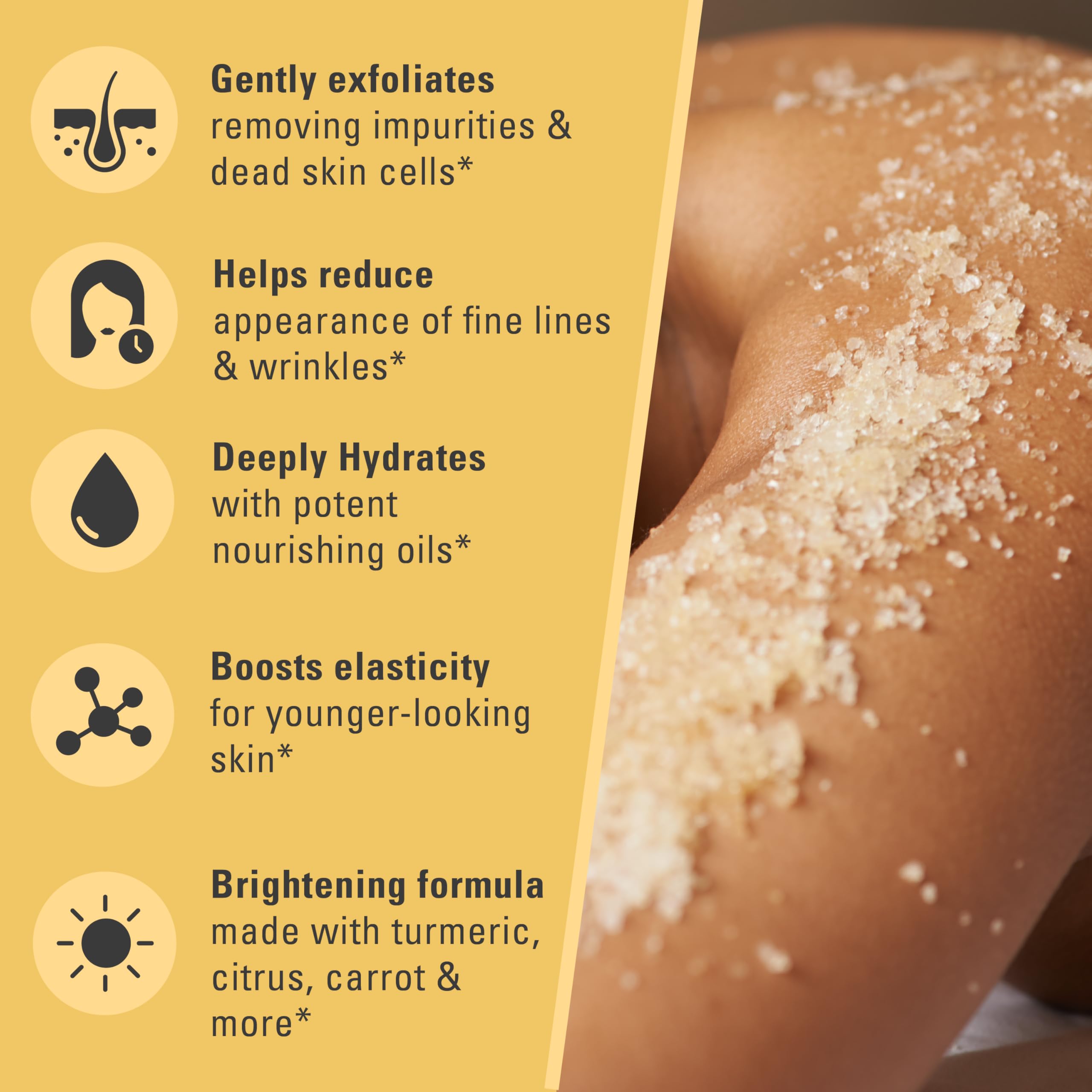 M3 Naturals turmeric scrub ingredients turmeric and salts shown for a natural glow