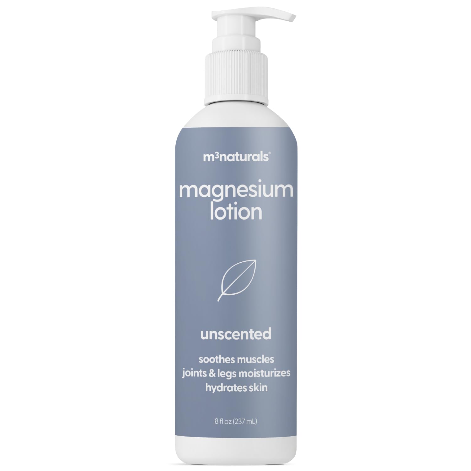 M3 Naturals unscented magnesium lotion bottle pour supports post-workout recovery