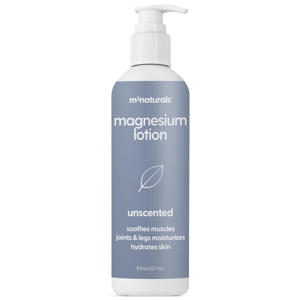 M3 Naturals unscented magnesium lotion bottle pour supports post-workout recovery