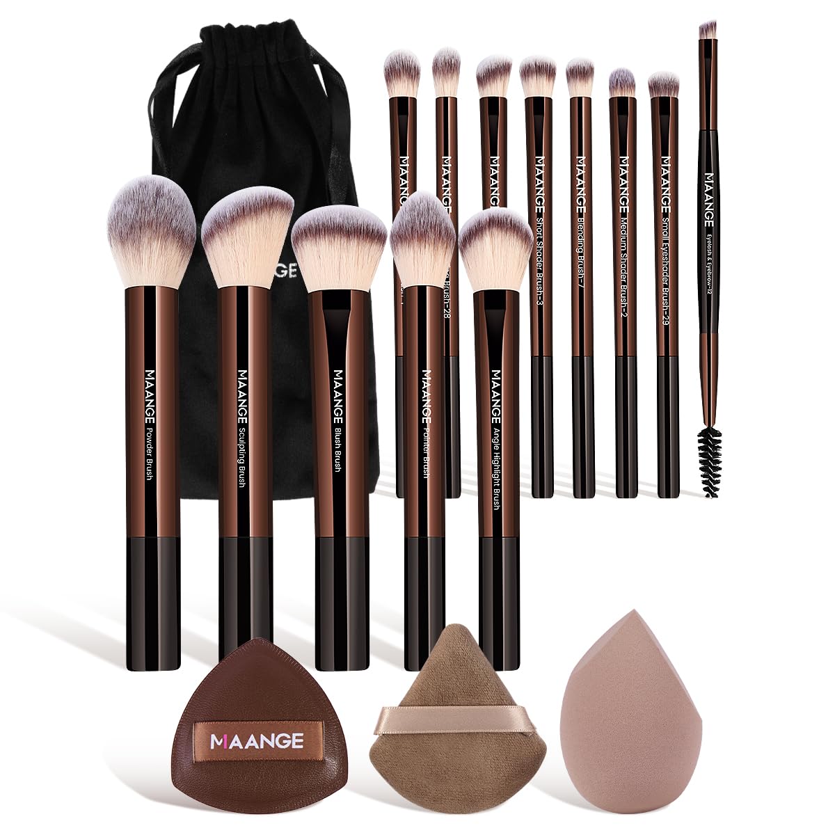 MAANGE 16pcs makeup brush set in travel case (coffee) for versatile on-the-go makeup.